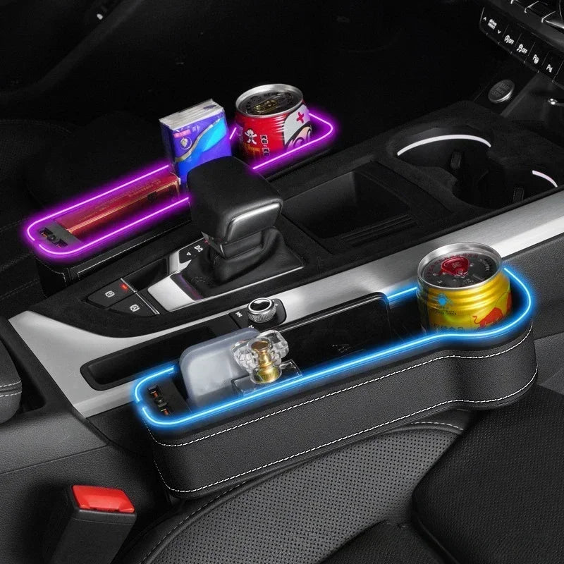 Storage Box with 2 USB Charger Colorful LED Seat Gap Slit Pocket Seat Organizer