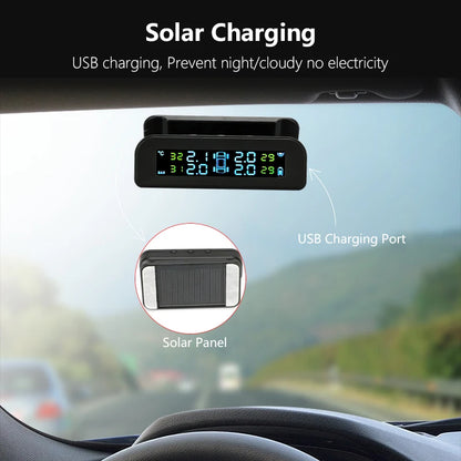 TPMS Car Tire Pressure Alarm Monitor System Automatic Brightness Control Wireless Solar Power