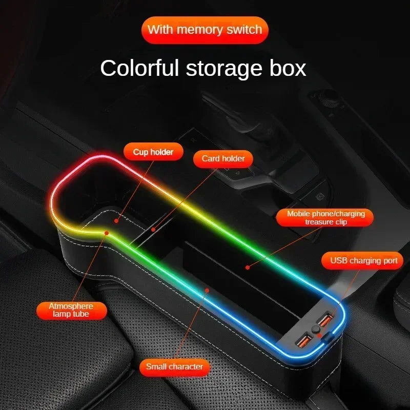 Storage Box with 2 USB Charger Colorful LED Seat Gap Slit Pocket Seat Organizer