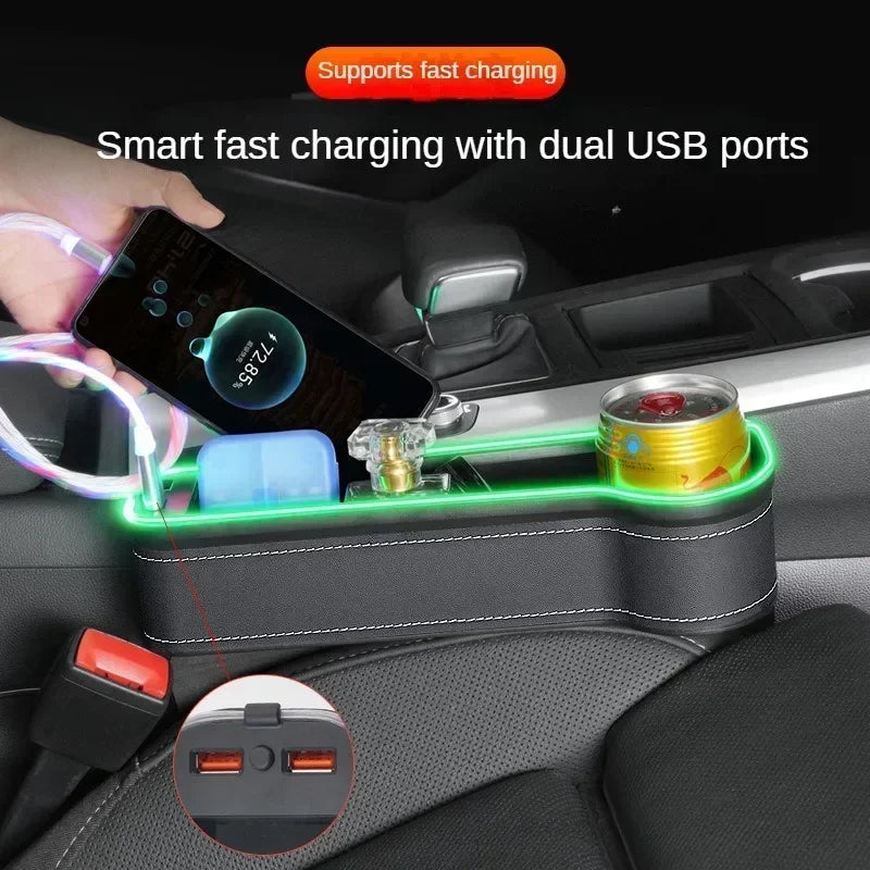 Storage Box with 2 USB Charger Colorful LED Seat Gap Slit Pocket Seat Organizer