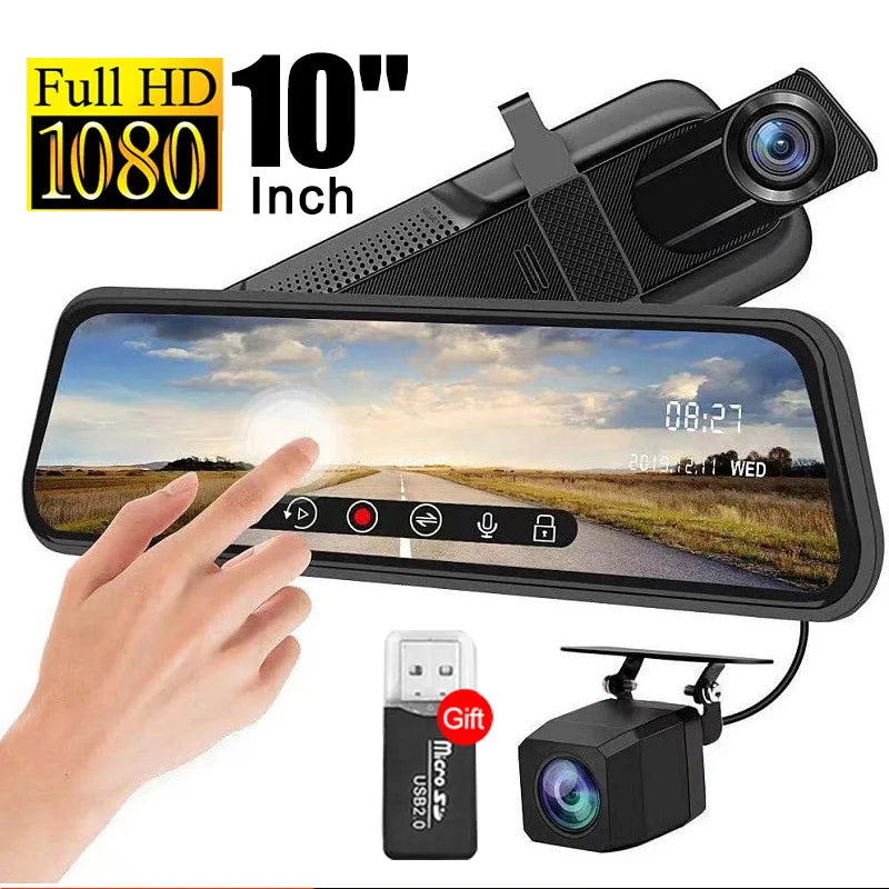Touch Screen Video Recorder Rearview 10" Mirror Dash Cam Front and Rear