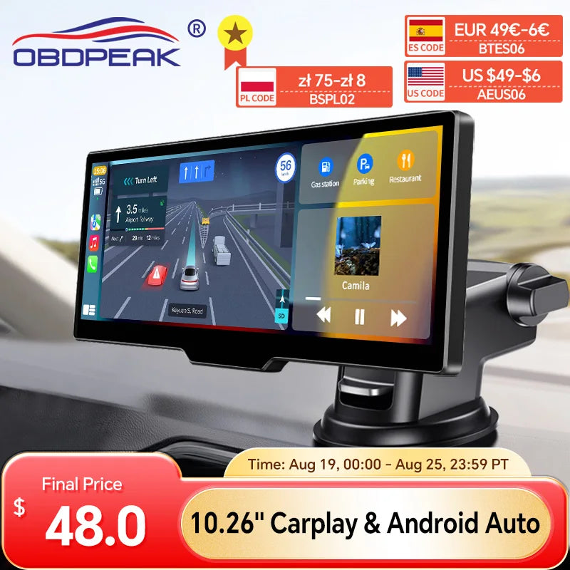 OBDPEAK T20 10.26" Dash Cam  Rearview Camera Carplay & Android Auto
